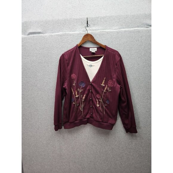 Alfred Dunner Burgundy Embroidered Floral Button-Up Cardigan Sweater Large 65% P - Picture 1 of 4